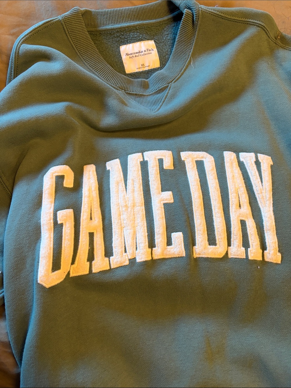 Abercrombie & Fitch Green Crewneck with White 'GAMEDAY' Applique